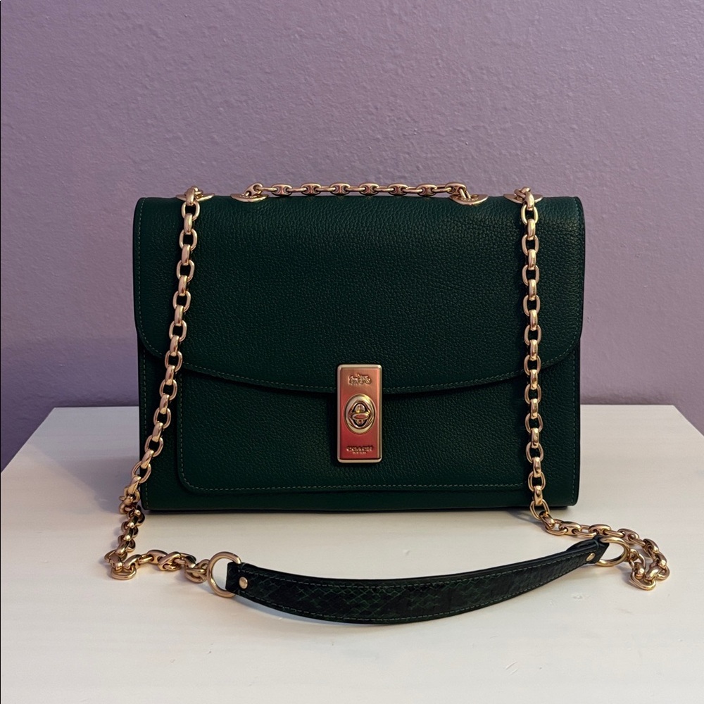 COACH Lane CK476 Dark Pine Leather Bag with Gold Chain